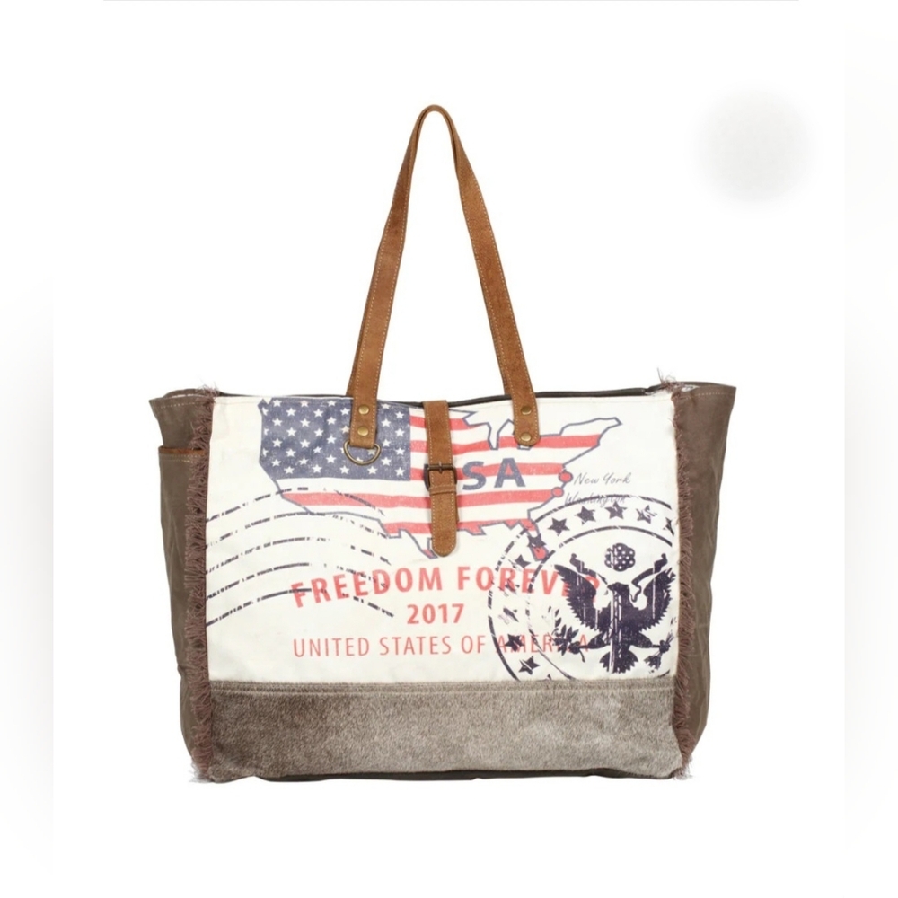 Myra USA Freedom Forever Weekender Tote Patriotic Brown NWT. Huge size.